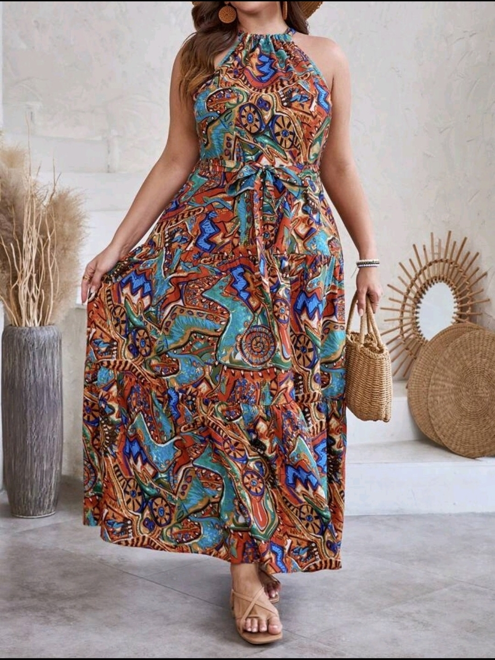 SHEIN Allover Print Ruffle Hem Belted Halter Summer Dress